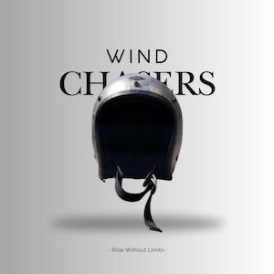 May include: A vintage-style motorcycle helmet with a black interior and a dark exterior. The helmet has a black chin strap and the words "WIND CHASERS" are printed above it. The phrase "- Ride Without Limits-" is printed below the helmet.