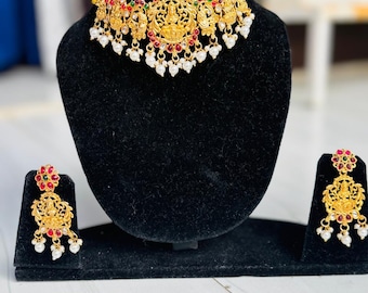 A Traditional Lakshmi Temple Jewelry Choker Necklace Set with pearls and red-green stones