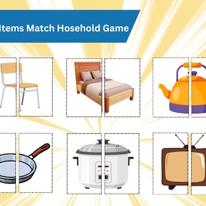 May include: A matching game with household items. The image shows a chair, bed, kettle, frying pan, rice cooker, and television, each split in half. The game is titled "42 - Items Match Hosehold Game" in a blue banner.