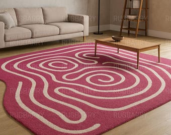 Hot Pink Wool Rug: Hand Tufted Abstract Wavy Line Carpet