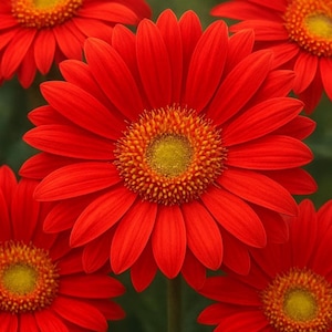 May include: A close-up shot of several bright red gerbera daisies with yellow centres. The petals are a vivid red, fanning out from the bright yellow core. The image highlights the natural beauty of these flowers.