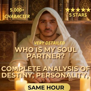 以下が含まれることがあります： 「WHO IS MY SOUL PARTNER?」と「COMPLETE ANALYSIS OF DESTINY, PERSONALITY」というテキストが入ったフード付きローブを着た人物の画像。画像には「5,000+ CHARACTER」と「5 STARS」というテキストも含まれています。