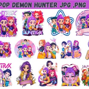 Cazadores de demonios del Kpop PNG, Cena de chicas PNG, Bandas de chicos y chicas Saja PNG, Fans de Huntrix, Descarga digital, Diseño de camiseta de grupo ídolo del Kpop