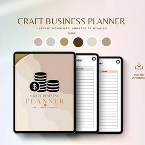May include: A digital craft business planner with undated printable pages. The cover features a stack of coins icon and the text "CRAFT BUSINESS PLANNER PLAN IT. CREATE IT. GROW IT." Interior pages include a checklist and schedule with lines.