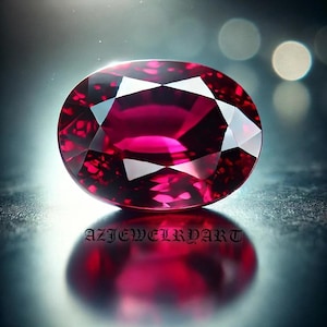 May include: A vibrant, oval-cut ruby gemstone, displaying a rich red colour. The gem's facets catch the light, revealing its internal structure. The image features the text "AZIJEWELRDART", indicating a jewellery or gemstone focus.