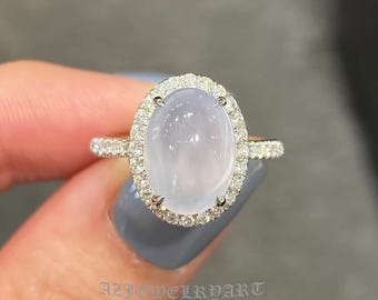 Oval Icey White Jadeite Ring: Sterling Silver Diamond Accents Halo Designs Ring.