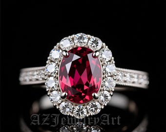 May include: A silver ring with a large, oval, deep red gemstone surrounded by a halo of smaller, clear gemstones. The band is detailed with tiny, sparkling stones. The ring is set against a black background.