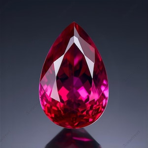 Könnte beinhalten: Ein facettierter, birnenförmiger Edelstein in tiefroter Farbe. Die Oberfläche des Edelsteins reflektiert das Licht und erzeugt ein brillantes Spiel von Farbe und Facetten. Der Edelstein ist vor einem dunklen Hintergrund platziert, was seine lebendige Farbe hervorhebt.