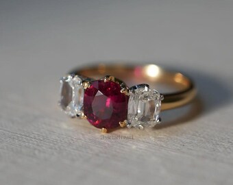 Oval Ruby Three Stone Ring: Sterling Silver Engagement Band (8x10mm)
