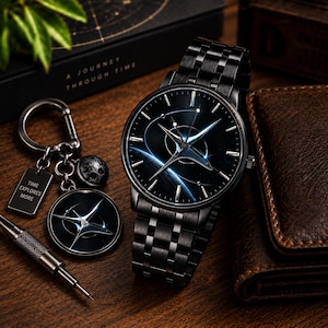 Peut inclure: Une montre-bracelet en métal noir avec un cadran sombre sur le thème de l'espace arborant un motif d'étoile, accompagnée d'un porte-clés assorti. Le porte-clés comprend une étiquette rectangulaire avec le texte "TIME EXPLORES MORE" et un médaillon.