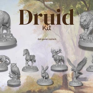 May include: A set of grey miniature animal figurines, including an elephant, lion, bear, owl, horse, deer, rabbit, eagle, and boar. The text "Druid Kit" is displayed above the figurines, with the tagline "Epic gamer moment."