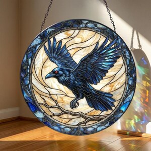 Black Raven Stained Glass Suncatcher: Gothic Crow Window Hanging Decor, Bird Lovers Gift, Dark Academia Decor, Witchy Home Decor