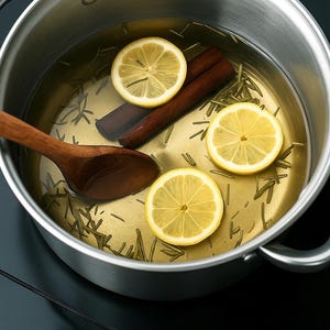 May include: A stainless steel saucepan containing water, lemon slices, rosemary sprigs, and cinnamon sticks. A wooden spoon is in the pan. The pan is on a black hob with a red indicator light.