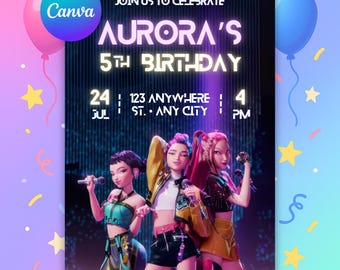 Huntrix K-Pop Demon Hunters Birthday Invitation 5x7 inch | Editable Digital Canva Template | Kids Party Invite Printable