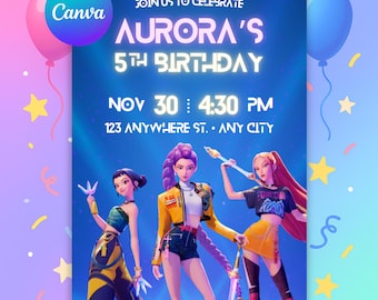 Huntrix K-Pop Demon Hunters Birthday Invitation 5x7 inch | Editable Digital Canva Template | Kids Party Invite Printable