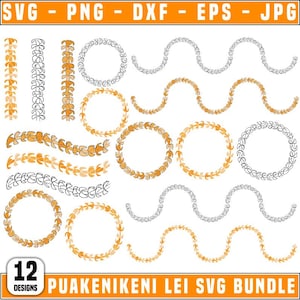 May include: A digital graphic bundle featuring 12 designs of Hawaiian lei in SVG, PNG, DXF, EPS, and JPG formats. The designs include circular and linear lei patterns in shades of orange, black, and white, perfect for digital crafting projects.