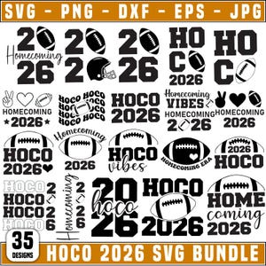 May include: A collection of 35 HOCO 2026 SVG designs in various styles. The designs include footballs, the numbers 20 and 26, and the words "Homecoming", "HOCO", and "Vibes". The file formats are SVG, PNG, DXF, EPS, and JPG.