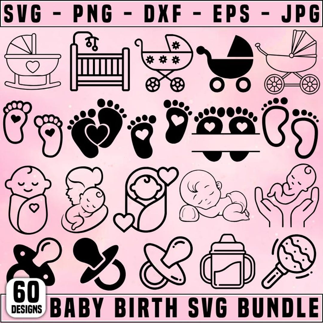 Baby Birth SVG Bundle – 25 Black and White Baby Cliparts, Weight ...