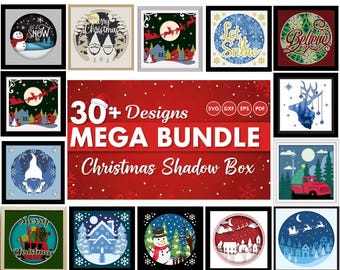 3D Christmas Shadow Box Mega Bundle, 30 Plus Designs, Winter Shadow Box Svg, Santa Reindeer, Snow Tree Svg, Layered Papercut, For Cricut