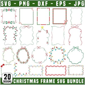 Könnte beinhalten: Eine Sammlung von 20 Weihnachtsrahmen-Designs in den Formaten SVG, PNG, DXF, EPS und JPG. Die Rahmen zeigen festliche Elemente wie Stechpalmen, Zuckerstangen und Lichterketten in Rot, Grün und Weiß. Der Text "CHRISTMAS FRAME SVG BUNDLE" ist ebenfalls enthalten.