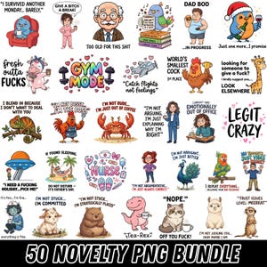 Puede incluir: Una colección de 50 pegatinas gráficas digitales con varios personajes de dibujos animados, animales y frases humorísticas. Los diseños incluyen ilustraciones de pájaros, una jirafa, un cangrejo, un dinosaurio, un gato y personas con textos.