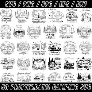 Può includere: Una collezione di 50 illustrazioni digitali in bianco e nero a tema campeggio, che includono roulotte, camper, tende, montagne, foreste e falò, accompagnate da varie frasi in inglese e tedesco.