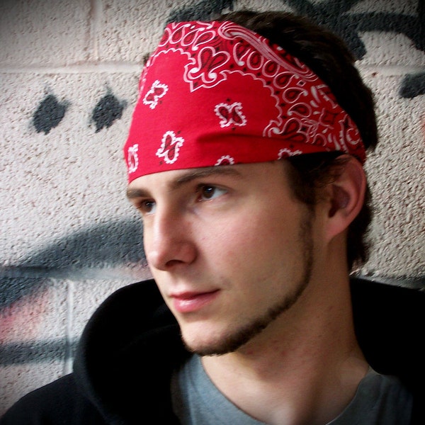 Men's Biker Hair Band, Red Festival Headband, Cotton Bandanna, Men's Red Bandana, Red Hair Scarf, Cotton Head Wrap (#4012) S M L X