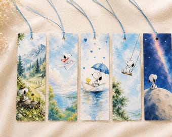 Bookmark set, Snoopy inspired, gift for Peanuts fans, series fans, cozy watercolor, gift idea, bookish, Snoopy gift, bookmark