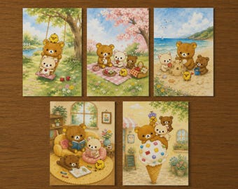 Rilakkuma-inspired postcard set • Cute teddy bear watercolor cards • Cottagecore gift • Gift idea • Gift for anime fans • Kawaii style