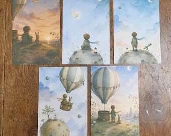 Set of 5 A6 postcards – Inspired by the Little Prince – dreamy watercolor art – stars, moon, rabbit – cozy fantasy wall decor – gift for children