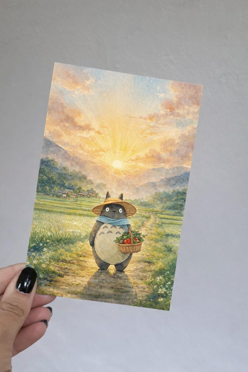 May include: Watercolor print of a Totoro-like character in a straw hat and scarf, carrying a basket of tomatoes. The character walks along a path through a rice field towards a sunset. The background features mountains and a bright sky.