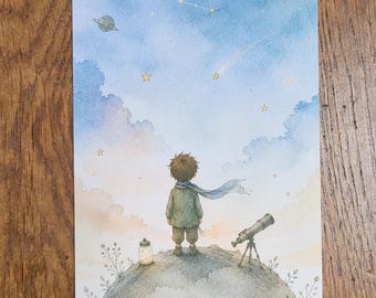 A6 Postcard Inspired by the Little Prince – Dreamy Watercolor Art - Stars, Moon, Rabbit – Cozy Fantasy Wall Decor - Gift Idea for Children