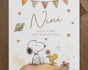 Biglietto d'auguri personalizzato di Snoopy con nome • Biglietto d'auguri individuale per bambini • Compleanno di Snoopy e Woodstock • Personalizzabile
