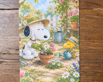A6 postcard featuring Snoopy and Peanuts characters, in a watercolor style. Ideal gift idea, present, gift card, journaling, children's gift, photo wall, mood board.