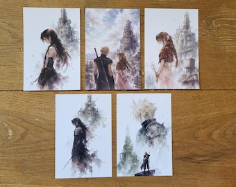 Juego de postales inspirado en Final Fantasy, tamaño A6, estilo acuarela, regalo para fans del anime, Final Fantasy VII, regalo de FF, Cloud, Tifa