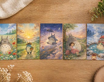 Set van 5 ansichtkaarten op A6-formaat, geïnspireerd op Totoro, Studio Ghibli, Mijn Buurman Totoro, schattige aquarelstijl, cadeau-idee, presentje, animefans