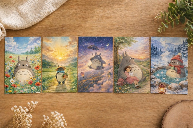 May include: Five illustrated postcards featuring scenes with Totoro characters. The cards depict Totoro in various settings: a field of flowers, a sunset, under a starry sky, with a girl, and in a snowy hot spring. The illustrations have a watercolor style.