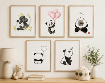 Panda Poster Set A4 for Children's Rooms • Cute Panda Watercolors • Kawaii Wall Decor • Baby Room Pictures • Panda Gift • 5-Poster Set