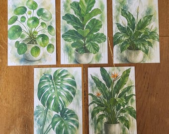 Houseplant Postcard Set • Botanical Watercolor Plants • Monstera, Pilea, Fiddle-leaf Fig, Spathiphyllum • Plant Lover Gift • Greeting Cards