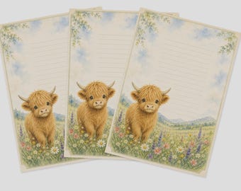 Highland Cow Stationery Set, 10 Sheets of A4 Linen Paper | Writing Paper with Cute Highland Calf Watercolor Flower Meadow | Gift Idea Stationery