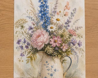 Wildflower Jug Postcard A6 • Cottagecore Bouquet Watercolor • Vintage Country House Decor • Farmhouse Style • Flowers in a Jug • Gift Idea