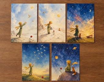 Juego de 5 postales A6 – Inspiradas en El Principito – ilustraciones de acuarela de ensueño – estrellas, luna, zorro – decoración de pared de fantasía acogedora – regalo para niños