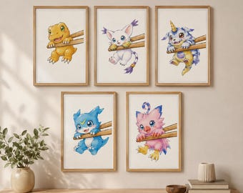 Digimon Poster Set A4 • Agumon Gabumon Gatomon Biyomon Gomamon • Anime Wall Decor • Digimon Adventure Inspired • 5-Poster Set