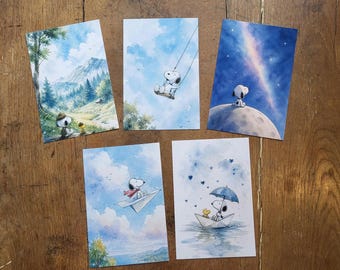 Ansichtkaartenset A6, Snoopy, Peanuts, aquarelstijl, cadeau-idee, cadeau, cadeaukaart, dagboek, kindercadeau, fotowand, moodboard