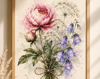 Watercolor Bouquet Poster A4 • Botanical Wall Art • Cottagecore Floral Pictures • Floral Art Prints • Country House Decor