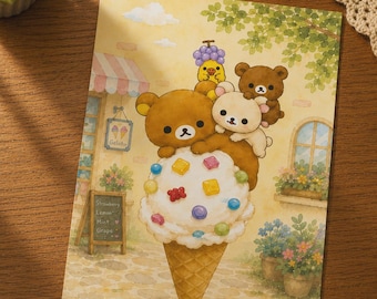 Rilakkuma-inspired postcard A6 • Cute teddy watercolor cards • Cottagecore gift • Gift idea • Gift for anime fans • Kawaii style