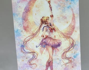 A6 postcard, Sailor Moon inspired, kawaii watercolor style, gift idea, present, anime fans, gift card, journaling