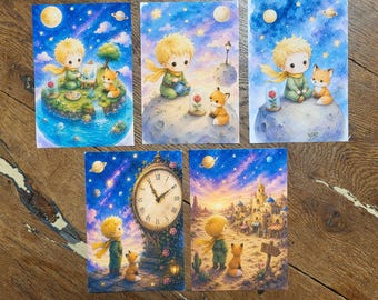 Set of 5 A6 postcards – Inspired by the Little Prince – dreamy watercolor art – stars, moon, fox – cozy kawaii wall decor – gift for children