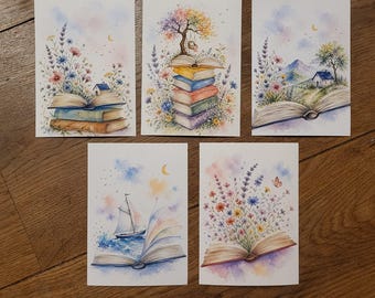 Book Lover Postcard Set • Magical Books Watercolor • Book Lover Gift • Bookworm Decor • Book Postcards • Bibliophile Art • Booktok