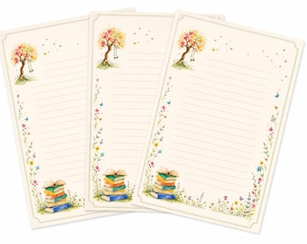 Book-themed stationery set, A4, 10 sheets, linen paper | Writing paper for bookworms, book lovers, library enthusiasts, watercolor | Gift idea